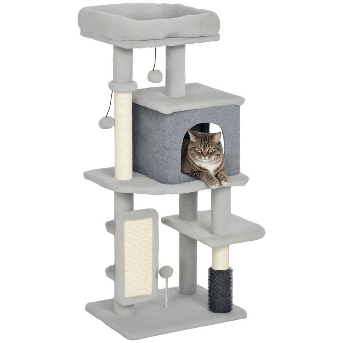 Arbre à chat - PawHut - hauteur 104 cm - avec tapis griffoir, lit maison pour chat, brosse de toilettage, plateformes - gris clair