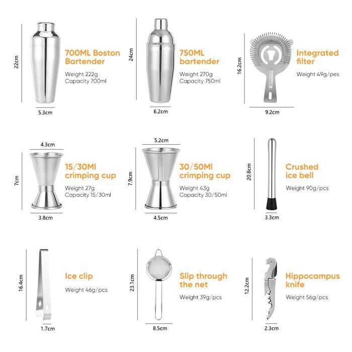 Set da shaker per cocktail da 750 ml, set da 23 pezzi in acciaio inox con supporto in legno, kit professionale da barman, include colino e misurino per miscelare