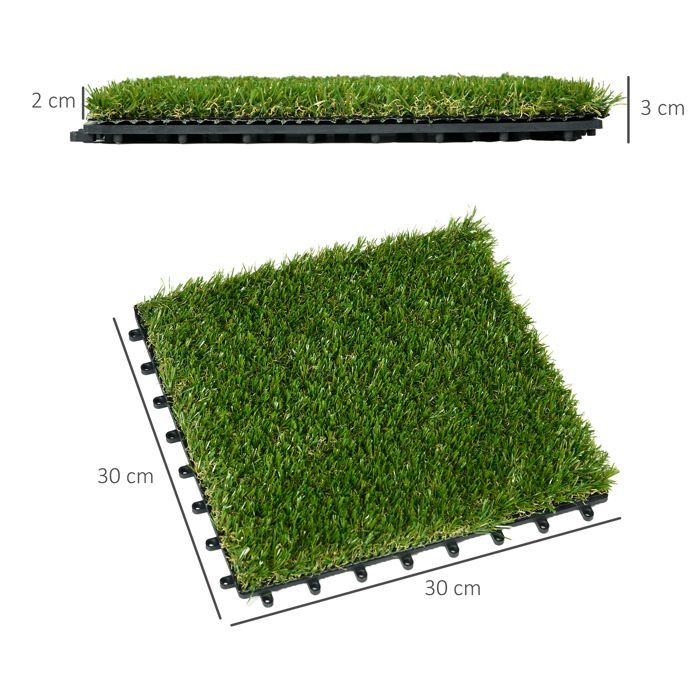 Césped sintético artificial - Outsunny - juego de 10 losetas entrelazadas, 3 cm de grosor - PP - 30x30cm - verde