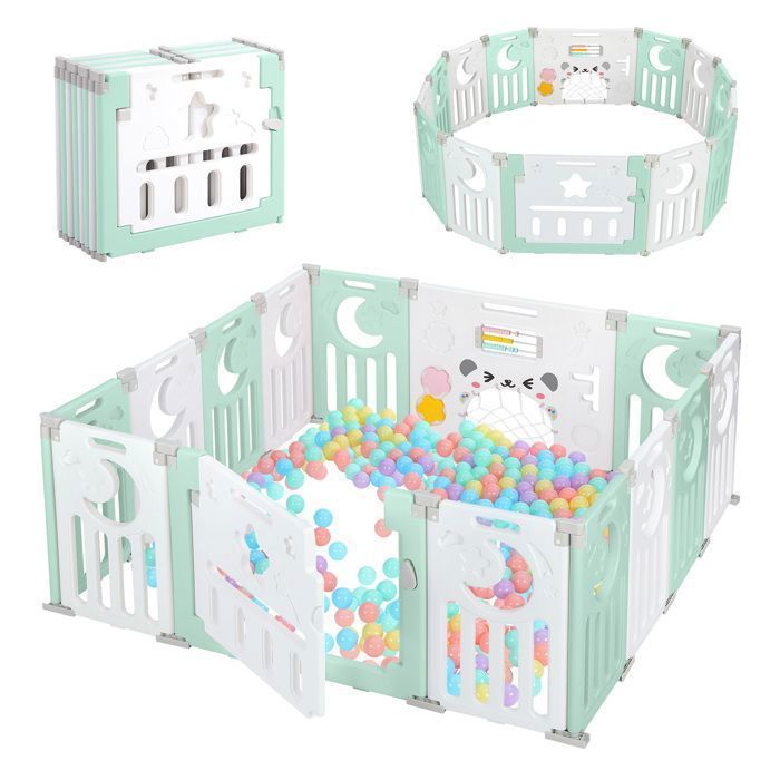 Baby Playpen 12+2 Panels, XL Modular Playpen with Safety Lock, Adjustable Shape, Foldable, Baby Gate, Green