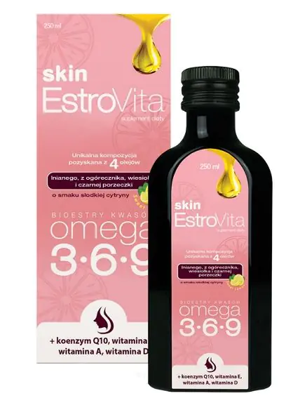 Estrovita Skin, Smak cytrynowy, Kwasy omega-3-6-9, Płyn