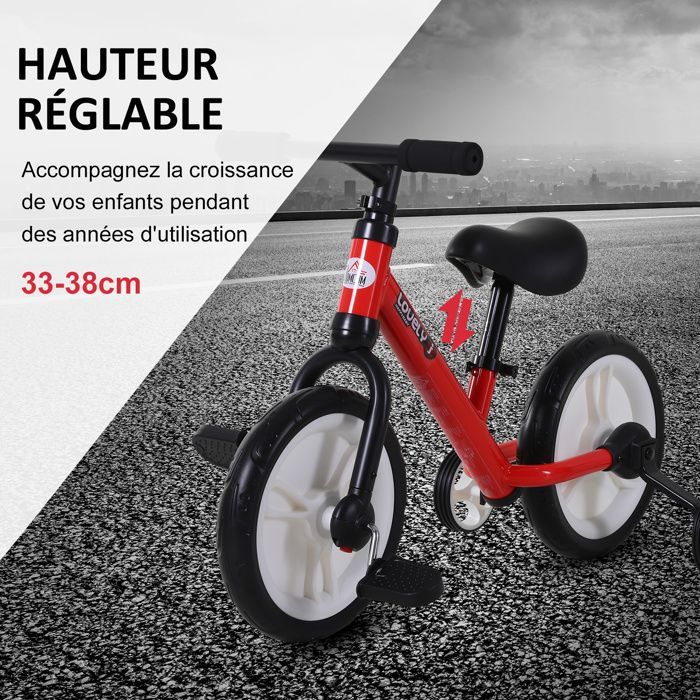 2-in-1 loopfiets voor kinderen met afneembare zijwielen en pedalen, 28 cm wielen, verstelbare zithoogte, rood stalen frame