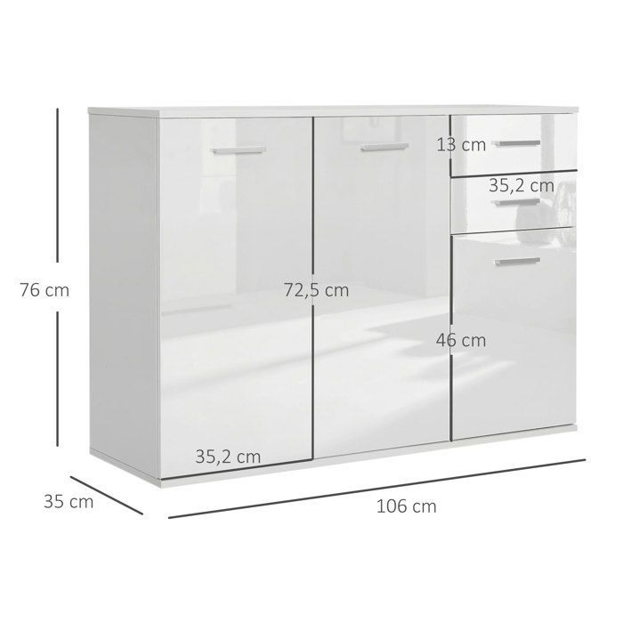 Aparador de salón - mueble de almacenamiento - HOMCOM - alto brillo, 2 cajones, 3 puertas, estante ajustable, estilo contemporáneo - madera - blanco