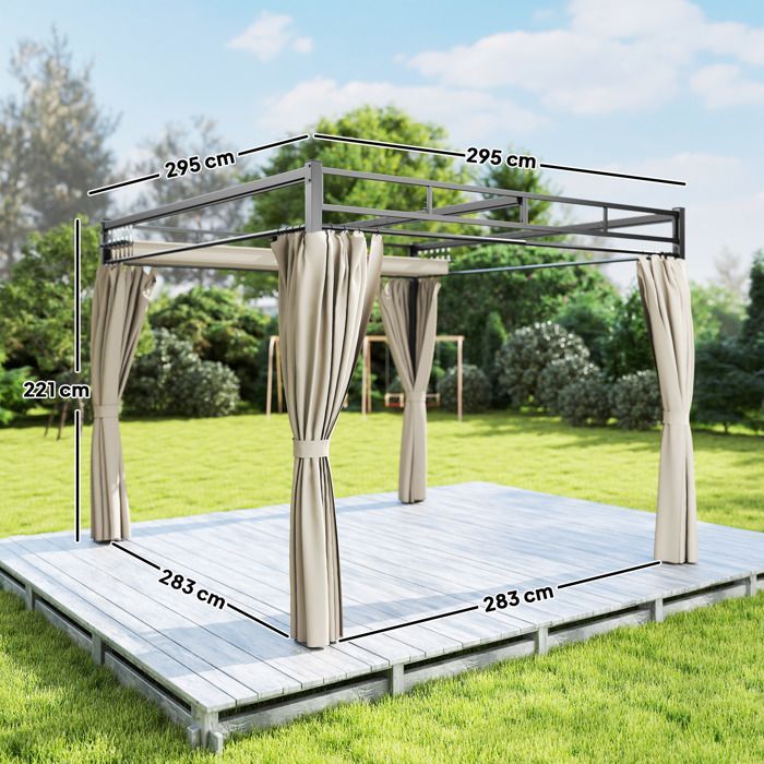 Garden pergola - outdoor garden gazebo - Outsunny - retractable roof, 4 curtains, UV30+ protection - steel - 3x3m - beige
