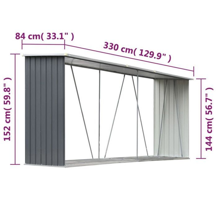Leñera - vidaXL - 330x84x152 cm - Acero galvanizado - Gris - Techo tradicional