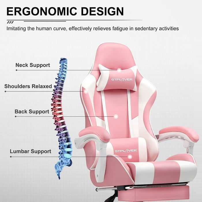 Cadeira Gamer com Apoio para os Pés, Almofada de Massagem Lombar, Cadeira de Escritório Ergonômica com Apoios de Braço Sincronizados (Rosa)