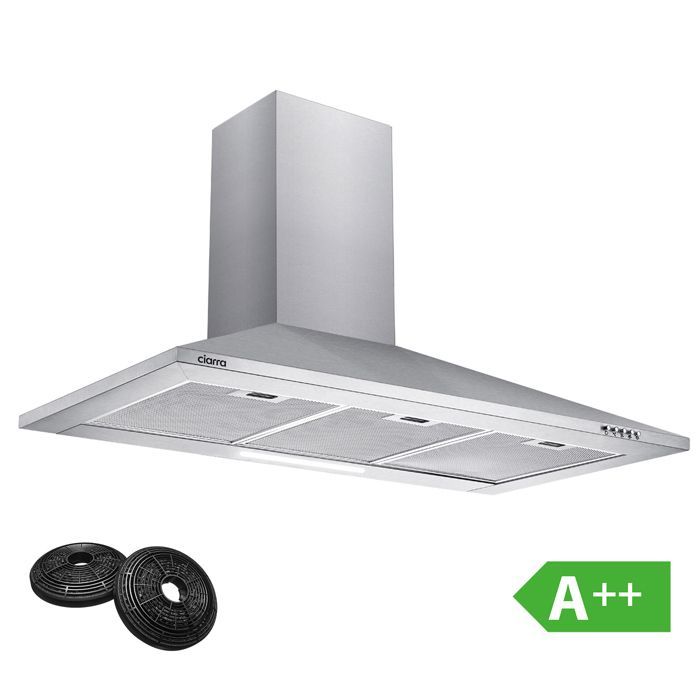 CIARRA 90cm A++ Cooker Hood, 370 m³/h, 3 Speeds, Extraction & Recirculation, with 2 Stainless Steel Carbon Filters