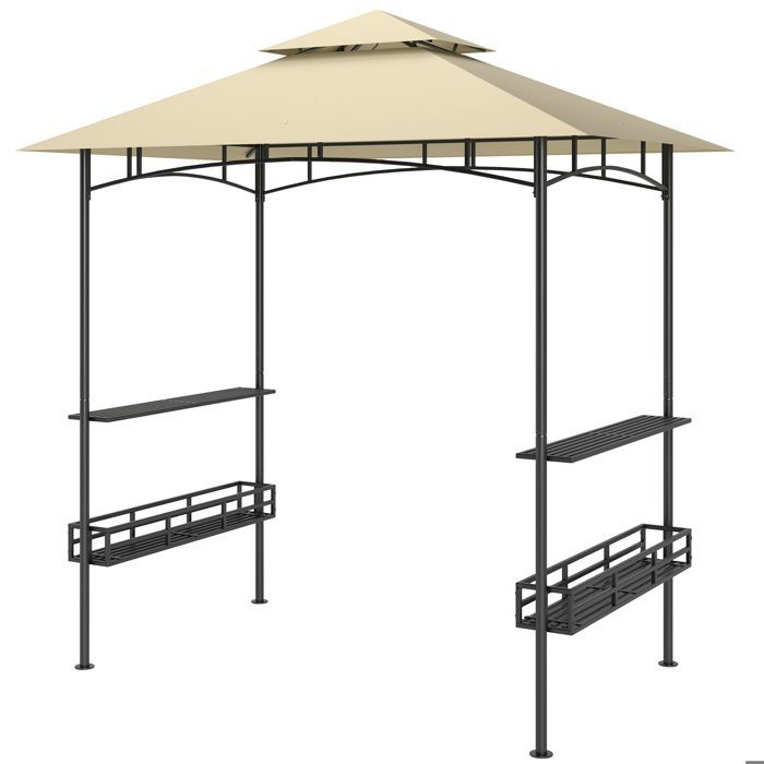 Cenador para barbacoa, toldo para recepción de jardín, gancho de techo, estantes y cestas, 240 x 150 x 257 cm, beige