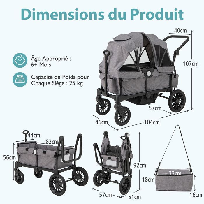 Poussette Double Jumelle Pliable COSTWAY-Poignée Réglable-2 Auvent Capote Amovible-Fenêtre avec Rabat-Plateau-repas 30kg Gris