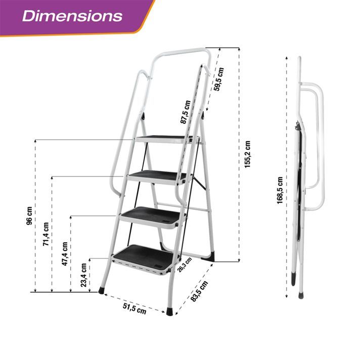 Escabeau 4 marches pliable acier, double garde-corps, antidérapant - plateforme 98 cm - 150 kg max - FACILITYS