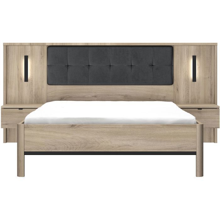 Volwassen bed met nachtkastjes met panelen - MAXIMIN - 140 x 190 cm - Licht Krönberg Eikenhout - GAMI