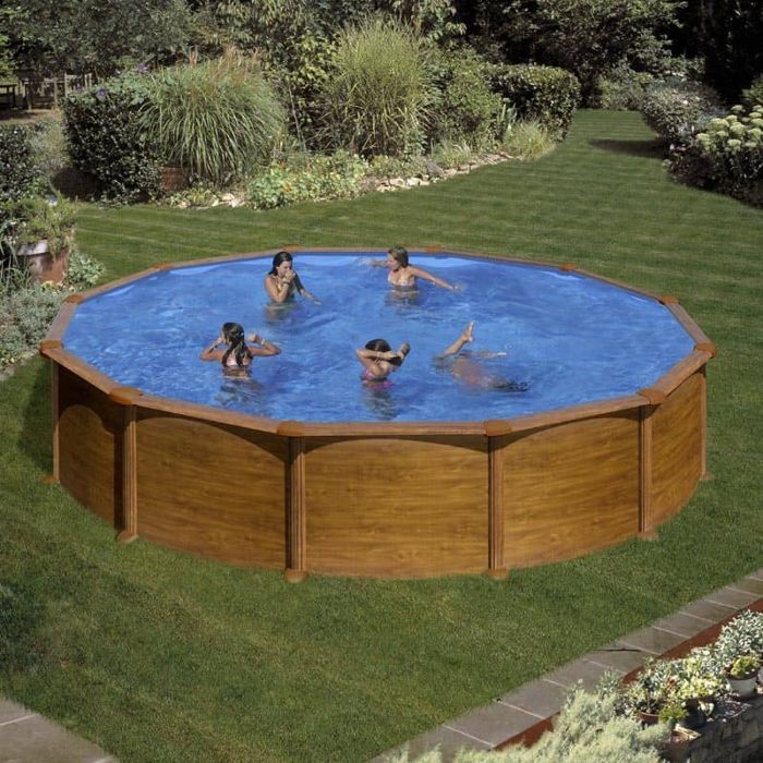 Piscina redonda de acero Mauricio con acabado imitación madera, 5,50 x 1,32 m - Gré - Filtro de arena - Elevada
