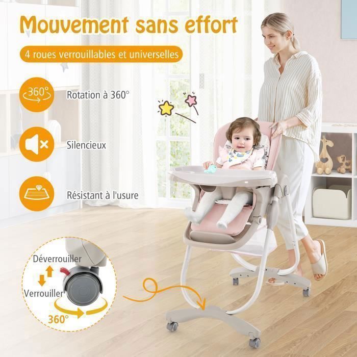 Silla alta plegable para bebé COSTWAY con respaldo reclinable, altura ajustable, bandeja extraíble sin BPA, apta para bebés de 6 meses en adelante, 4 ruedas giratorias, color rosa.