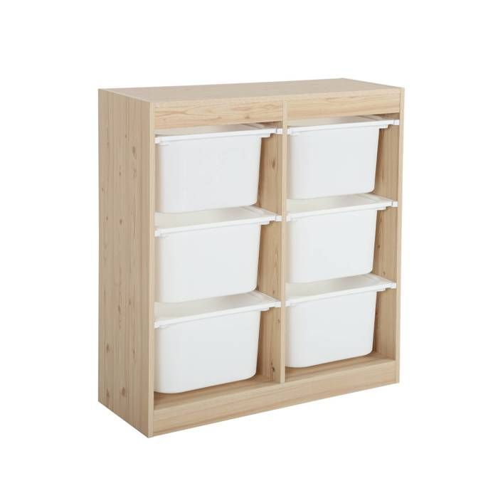 Mobile contenitore per bambini. Finitura naturale. 6 contenitori in plastica.