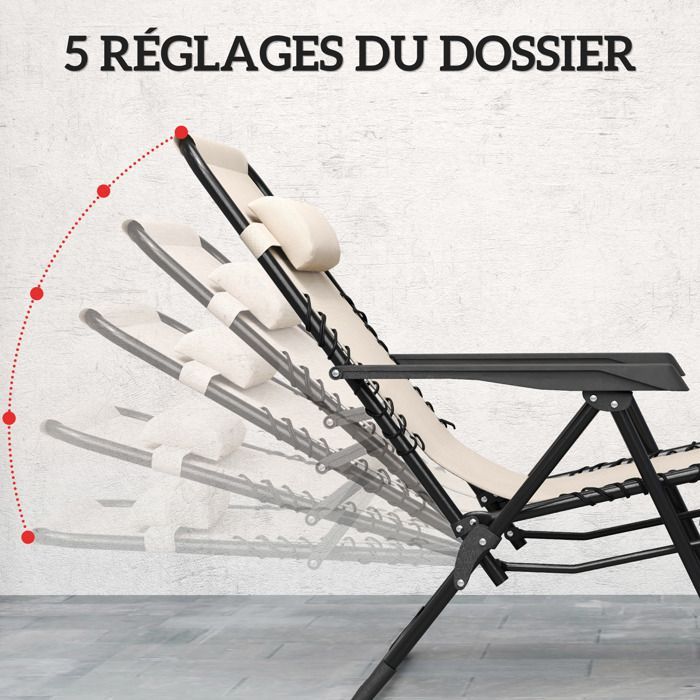 Lot de 2 chaise longue pliable et inclinable avec table d'appoint - Outsunny - porte-gobelets et appuie-têtes - charge 120kg - beige