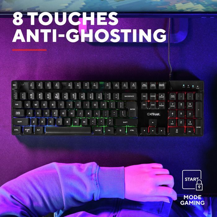 Trust Gaming GXT 835 Azor Clavier Gamer Filaire AZERTY Français, Éclairage LED Arc-en-Ciel, Mode Jeu, 8 Touches Anti-ghosting - Noir