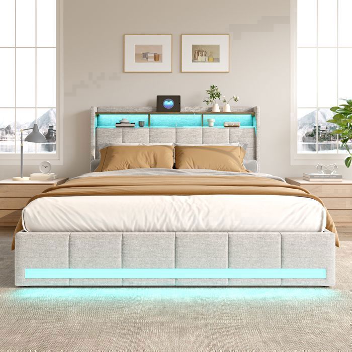 Bed van 140 x 200 cm met lattenbodem, bed van 140 cm, bedframe van 140 x 200 cm, tweepersoonsbed van 140 x 200 cm, ledverlichting, opbergruimte, USB-poort, 4 lades, gestoffeerd, linnen, beige