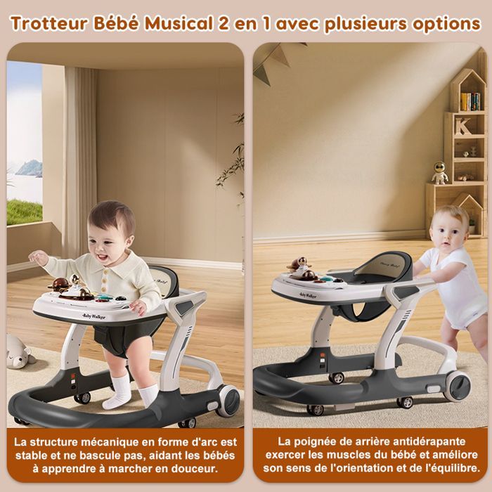 Andador convertible 2 en 1 para bebés - Altura y velocidad ajustables - Bandeja para comida, música Bluetooth, alfombra de juegos, juguete para empujar - De 7 a 18 meses - Gris