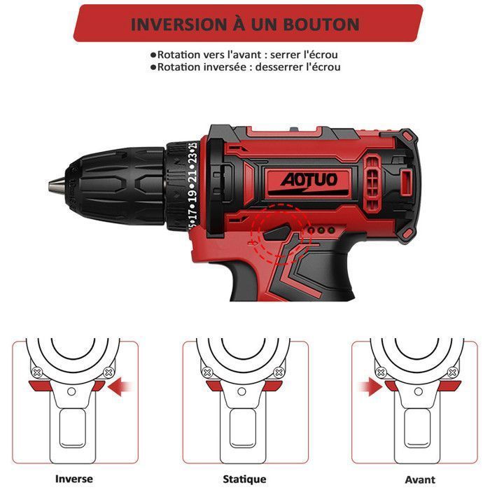 Taladro/atornillador inalámbrico - MAGICFOX - 36V - Par de 40 N·m - 2 velocidades (0-400/0-1350 rpm) - 2 baterías, 100 accesorios