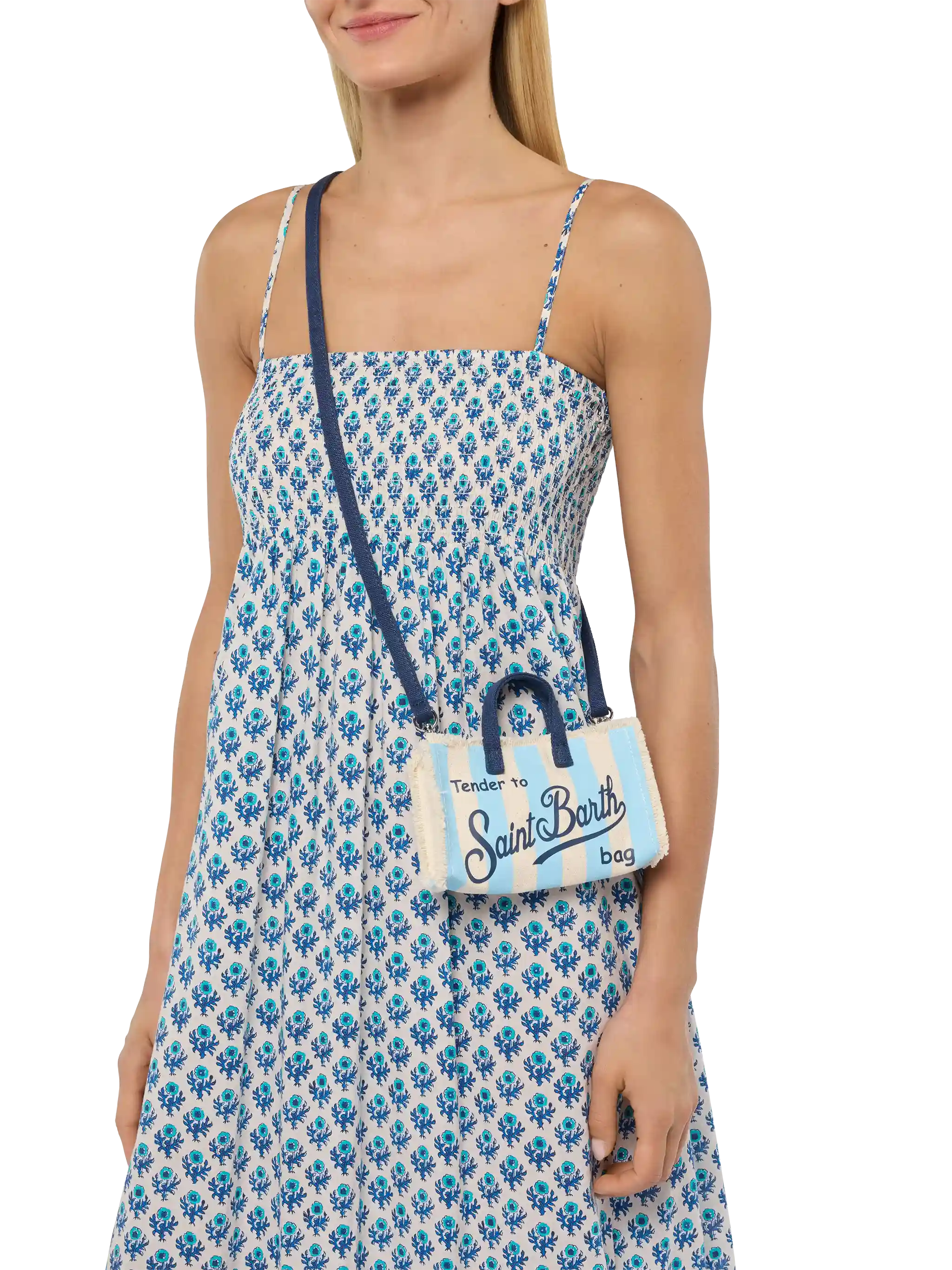 Handytasche aus Baumwoll-Canvas mit blau-weiß gestreiftem Muster