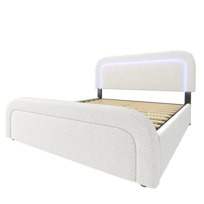 Cama de 160x200 - LANGTU - Cama Sherpa con almacenamiento - 4 cajones - Puertos USB y Tipo-C - LED integrado