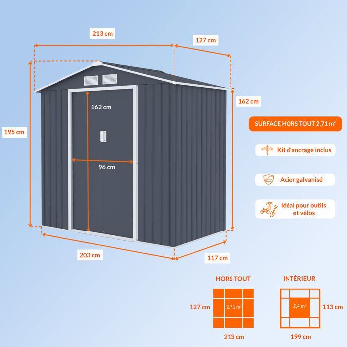 Metalen tuinschuur 2,71 m² - 213 x 127 x 195 cm - PLUTON - Inclusief verankeringsset, 2 schuifdeuren - Grijs