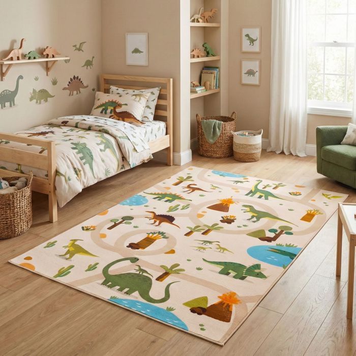 Carpetsale24 Tapis Enfant 80x150 cm Dinosaures Beige Motif Dino avec Routes Tapis de Jeu Chambre Enfant ideal petits espaces