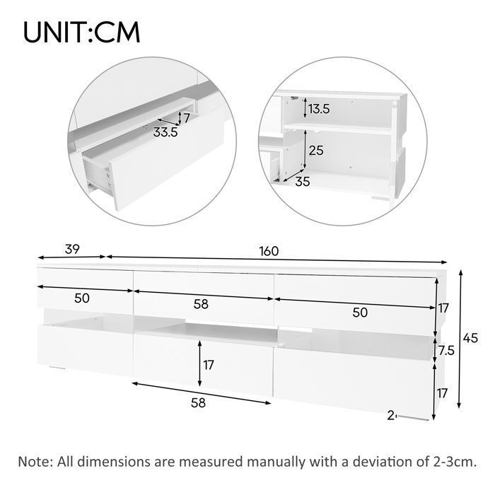 Mueble de TV moderno en blanco brillante con iluminación LED, 2 puertas, 1 cajón, apto para un televisor de 70 pulgadas, 160 x 39 x 45 cm.