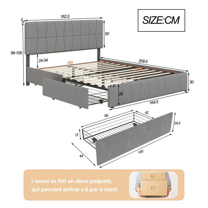 Tweepersoonsbed 160x200 cm met lattenbodem, gestoffeerd bed met 4 opberglades, bed voor volwassenen of tieners, gewatteerd bedframe, grijs fluweel