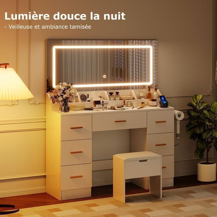Grande Coiffeuse avec Miroir LED et Tabouret - NHHF - 116X38X138 CM - Éclairage LED 3 Couleurs - avec Prises de Courant et 7 Tiroirs
