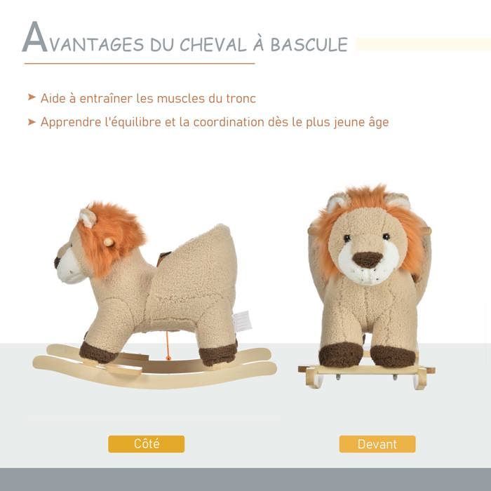 Caballo balancín - HOMCOM - modelo león con función musical, silla de montar acolchada y cómoda, 18-36 meses - madera - 68x35x50cm - marrón