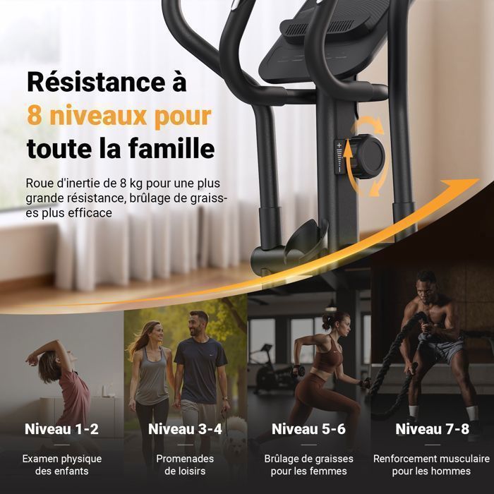 Merach home elliptical trainer, 8 resistance levels, manual adjustment, with monitor, connected app