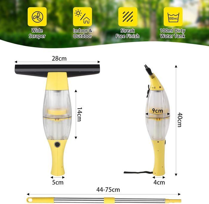 Aspirador de janelas elétrico sem fio, limpador de janelas com cabo telescópico e bocal de sucção de 28 cm.