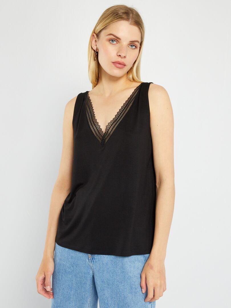 Camiseta sin mangas elástica con encaje - Negra
