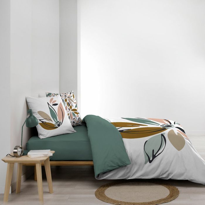 Funda nórdica OCTAVIA de 240 x 220 cm - 100 % algodón, 42 hilos/cm² + 2 fundas de almohada - reversible con estampado floral verde