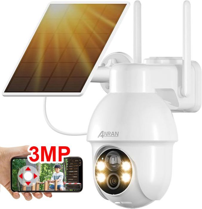 ANRAN Q03 Telecamera di sorveglianza wireless per esterni 2K HD 3MP, alimentata a energia solare e a batteria, con rilevamento del movimento tramite IA, compatibile con Alexa, colore bianco