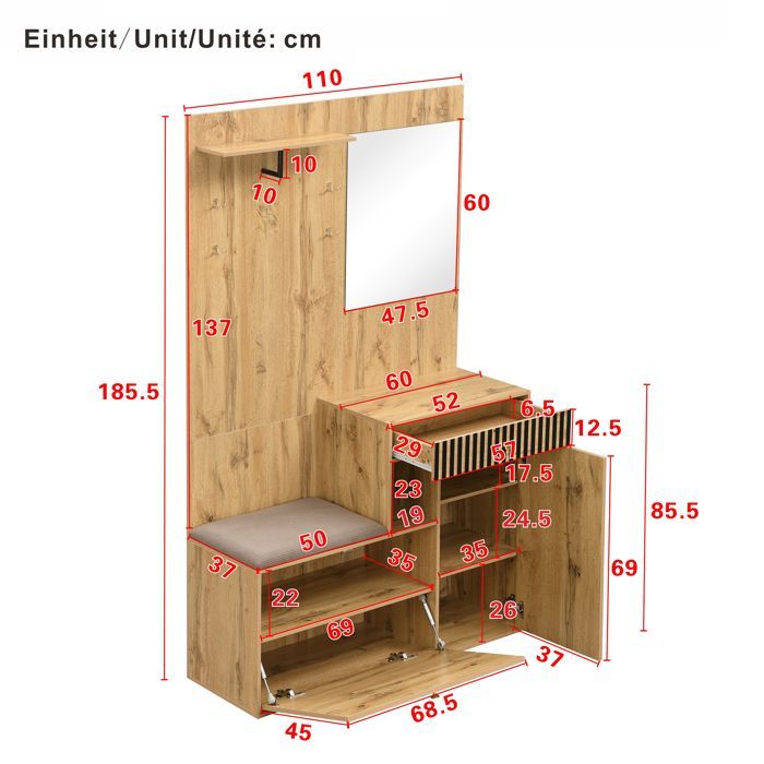 Garderoben-Set für den Eingangsbereich 110 x 37 x 185,5 cm – mit Spiegel und Haken – Schuhschrank und Schuhbank – Natur