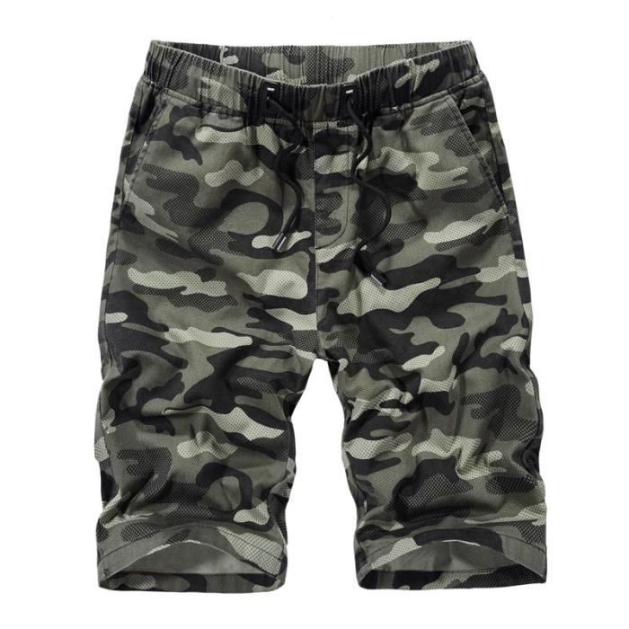 Pantaloncini cargo mimetici da uomo, vita elasticizzata, taglio dritto, bermuda estivi in comodo tessuto di cotone - Verde militare