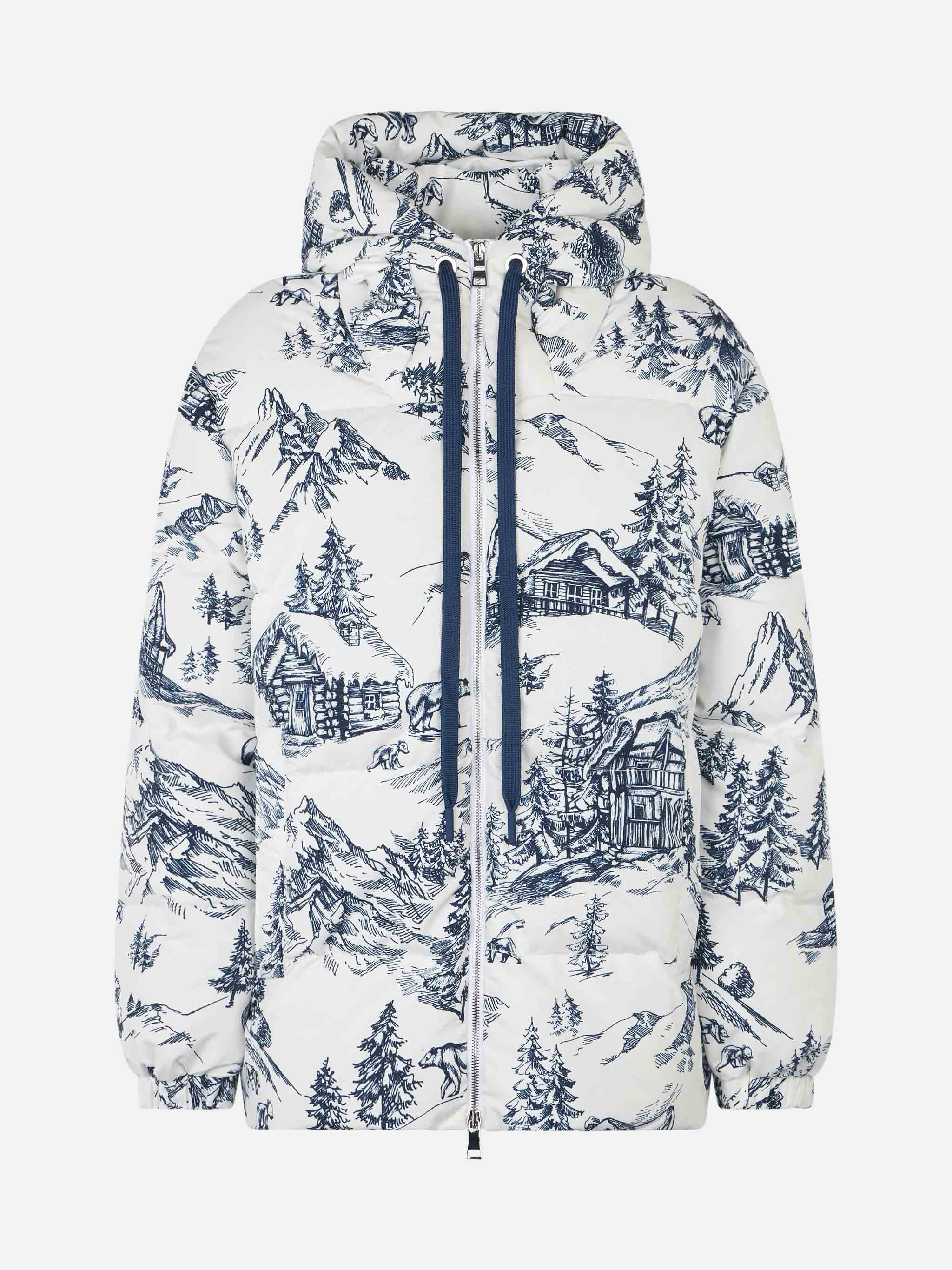 Damesjas met donsvulling, capuchon en toile de jouy-print.