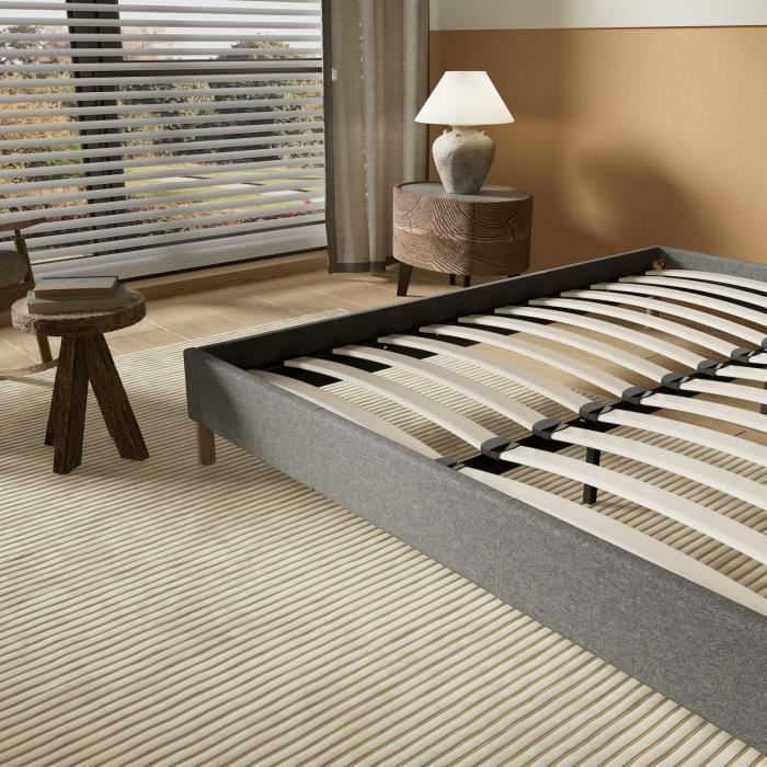Cama com estrado de ripas 160 x 200 cm - Estofada em tecido cinza - Estável e robusta - Pés centrais reforçados