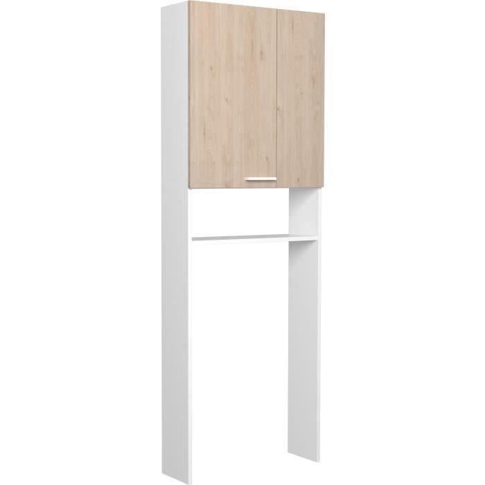 Estantería para baño/lavadero - Acabado en roble y blanco - 2 puertas - 64,2 x 21,8 x 184 cm - WOODY