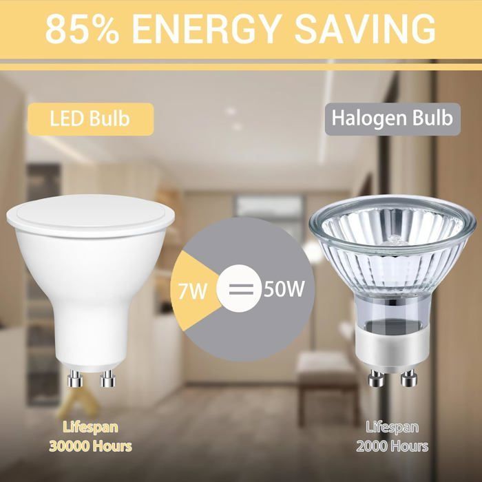 Bombilla LED GU10, blanco frío, 7W (equivalente a bombilla halógena de 70W), 720LM, focos LED, no regulables, paquete de 10 unidades.