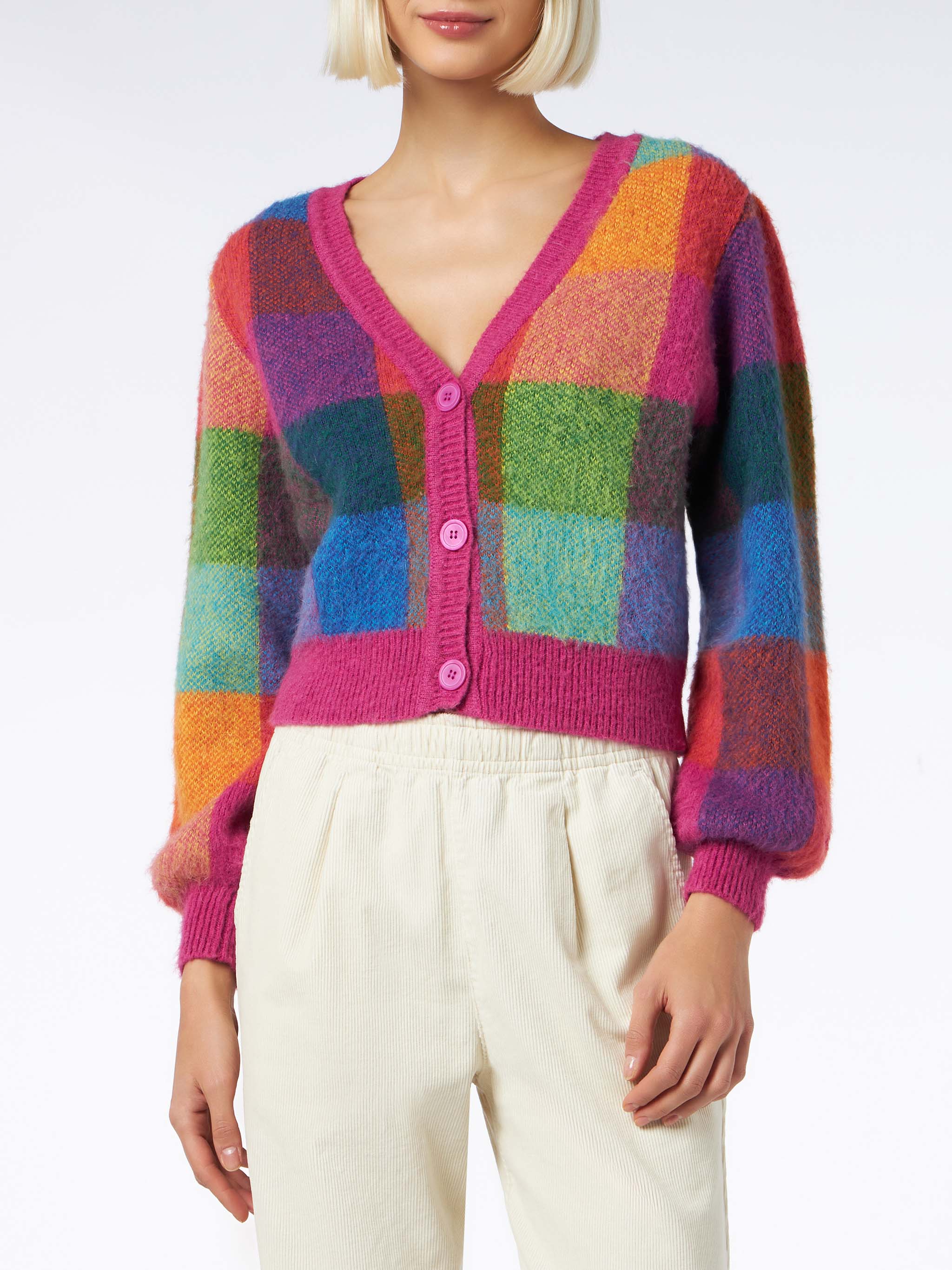 Korte, geborstelde cardigan voor dames met pofmouwen