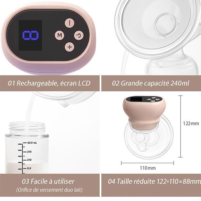 Tire Lait Electrique Main Libre ,Tire lait double portable,3 Modes / 9 Niveaux,sans BPA,Lait Rechargeable silencieux