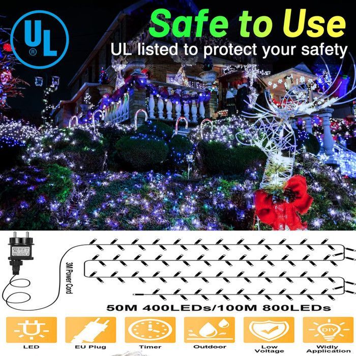 Guirlandes lumineuses Noël Extérieur Avec Prise Bleu IP44 20m 200 LEDs,Mémoire/Timer,8 modes,Pour jardin/mariage/fêtes