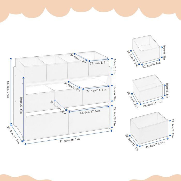 Scaffale portaoggetti per bambini, contenitore per giocattoli, 9 scatole rimovibili in tessuto non tessuto, 92x30x60/68 cm, bianco E0EG0065