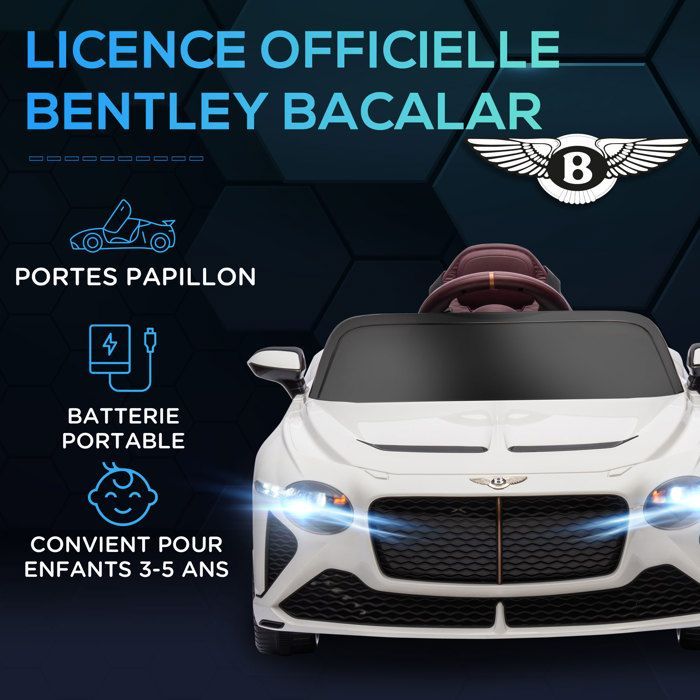 Electric ride-on car for children - HOMCOM - Bentley Bacalar - 2 x 12V 25W motors - 2.4G remote control - MP3 player - horn - 2 headlights - white