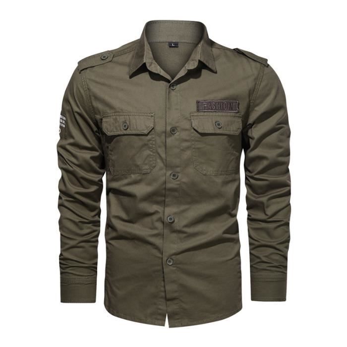 Men's Military Long Sleeve Cotton Cargo Shirt, Solid Color, Comfortable Fabric - Military Green