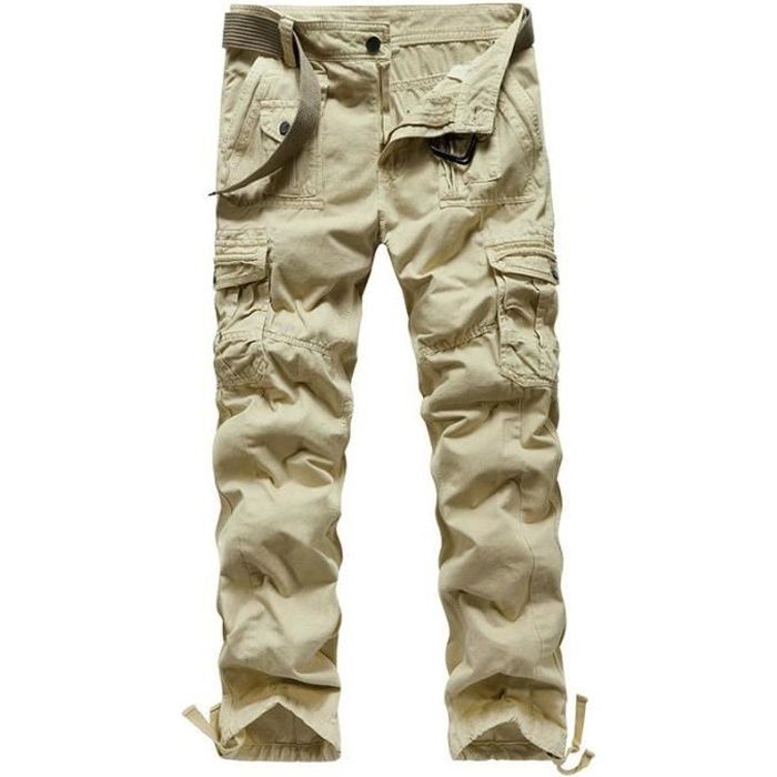 Men's Military Cargo Pants in Cotton, Straight Cut, Multi-Pocket Trousers, Solid Color - Khaki