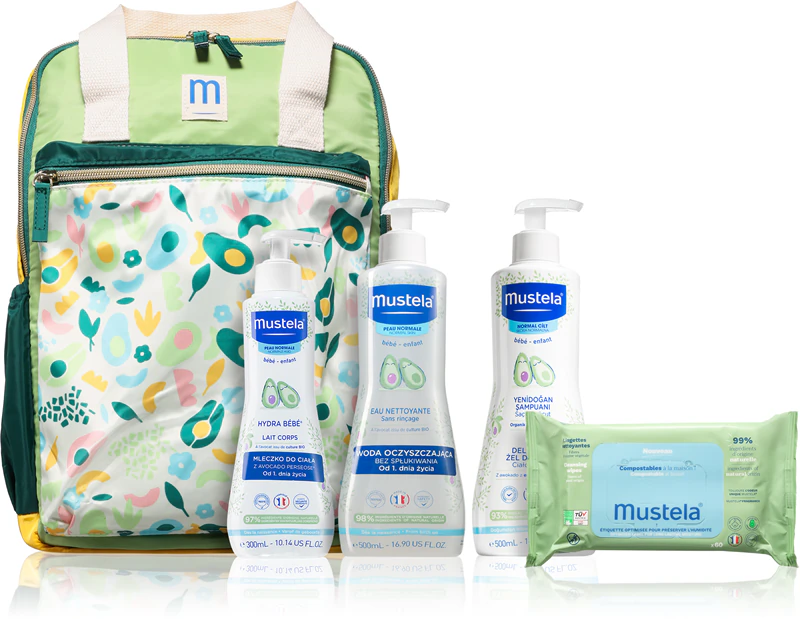 Conjunto de mochila Mustela Bébé, ideal para bebês desde o nascimento.